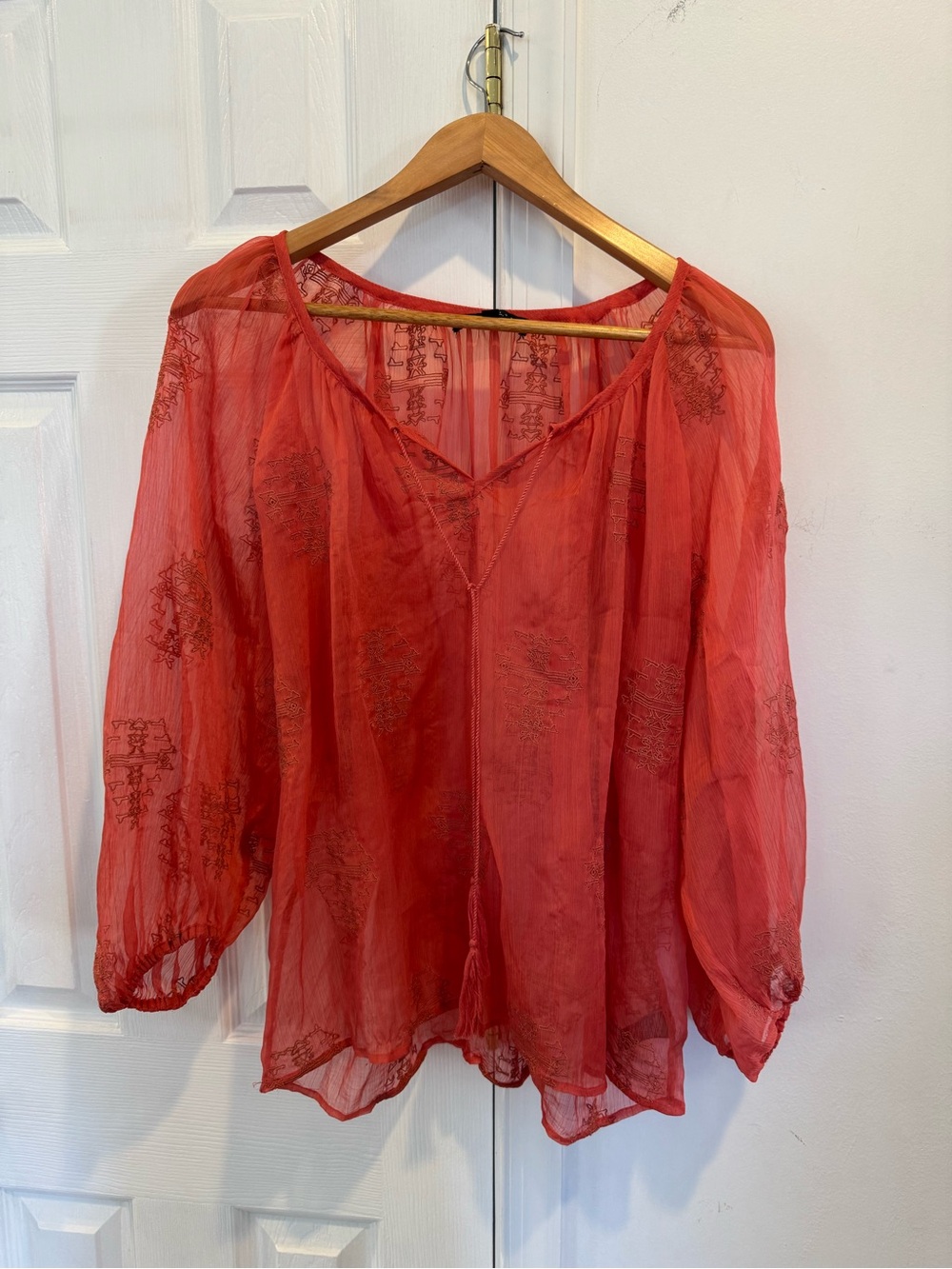 Sanctuary Sheer Coral-Red V-Neck Peasant Bohemian Blouse with Embroidery Size L
